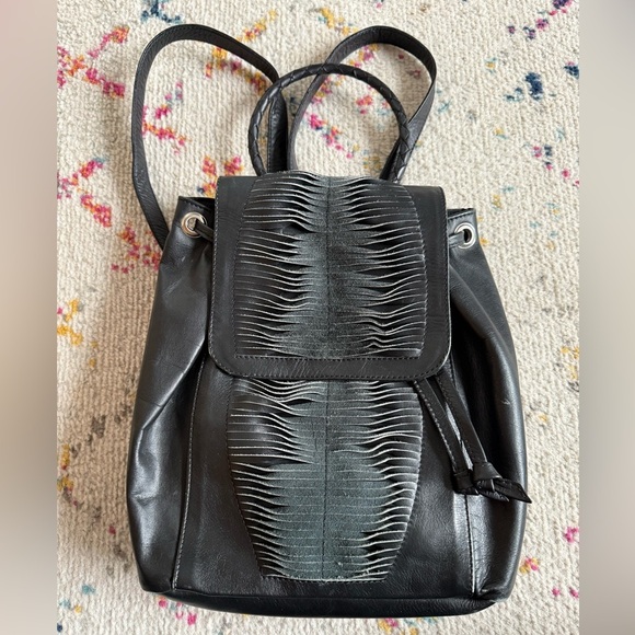 shroud Handbags - Black Leather Women's Backpack with Textured Front Panel